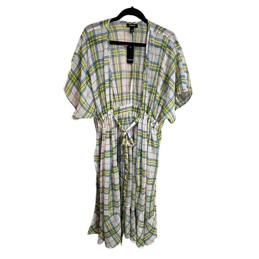 Torrid Plaid Colorful Sheer Spring Kimono Duster Kaftan Tie Waist 1X NWT